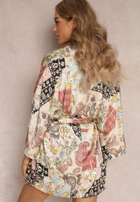 Renee - Beżowa Narzutka Bluzka Kimono w Kwiaty z Wiązaniem w Pasie i Rozcięciami Caceres. Okazja: na co dzień. Kolor: beżowy. Materiał: materiał. Wzór: kwiaty. Styl: casual #5