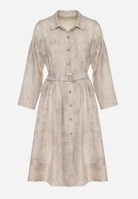 Born2be - Beżowa Sukienka o Koszulowym Kroju z Paskiem z Klamrą Evelmio. Okazja: na co dzień. Typ kołnierza: kołnierzyk klasyczny. Kolor: beżowy. Materiał: jeans. Długość rękawa: długi rękaw. Typ sukienki: koszulowe. Styl: elegancki, casual, klasyczny #5