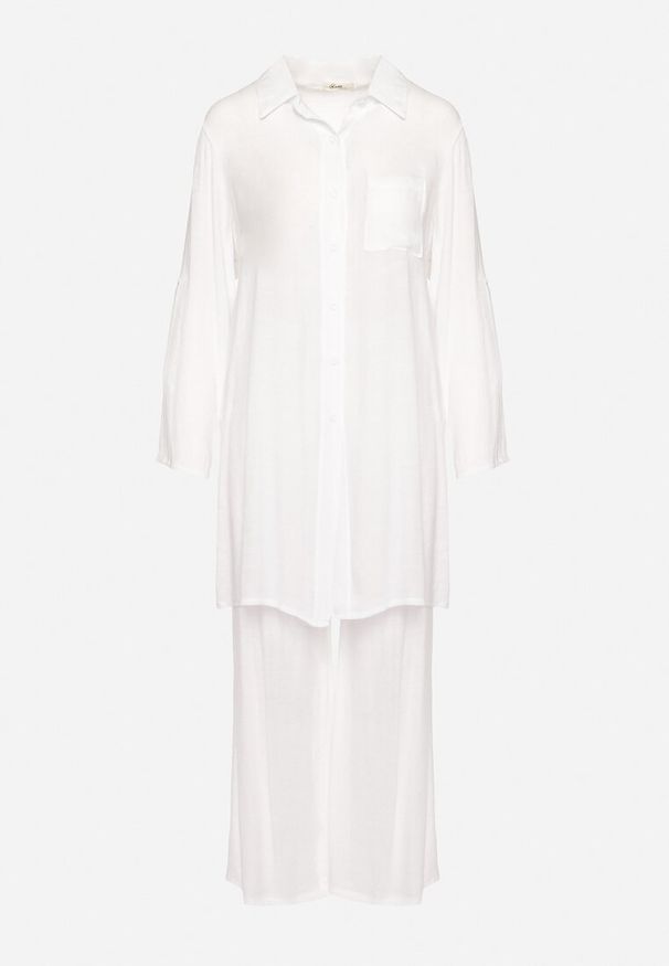 Born2be - Biały 2-Częściowy Komplet Luźna Koszula Spodnie z Gumką w Pasie i Rozcięciem Neviana. Kolor: biały. Materiał: bawełna