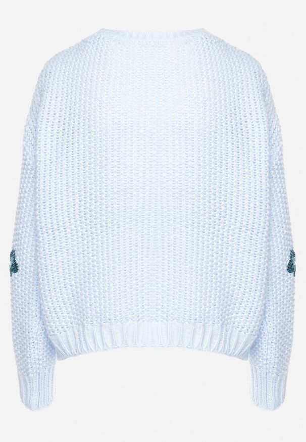 Born2be - Jasnoniebieski Sweter z Tłoczonej Dzianiny z Wiskozą Zdobiony Cekinowymi Kwiatami Edamara. Okazja: na co dzień. Kolor: niebieski. Materiał: wiskoza, dzianina. Długość rękawa: długi rękaw. Długość: długie. Wzór: kwiaty, aplikacja. Styl: wizytowy, klasyczny, casual
