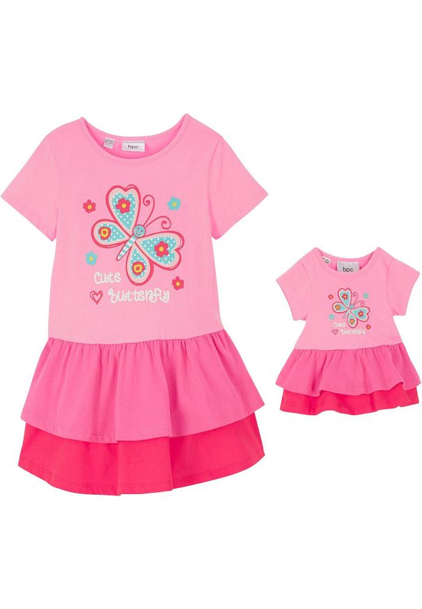 bonprix - Sukienka t-shirtowa + sukienka dla lalki (2 części), z czystej bawełny organicznej. Kolor: różowy. Materiał: bawełna. Długość rękawa: krótki rękaw. Wzór: nadruk