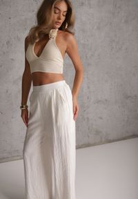 Renee - Beżowe Szerokie Spodnie Casual High Waist ze Strukturalnej Tkaniny Hyrarpia. Okazja: na co dzień. Stan: podwyższony. Kolor: beżowy. Materiał: tkanina. Styl: casual #4