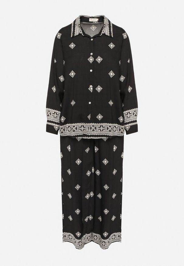 Born2be - Czarny Komplet z Wiskozą Spodnie o Szerokim Kroju i Koszula Tatorela. Kolor: czarny. Materiał: wiskoza