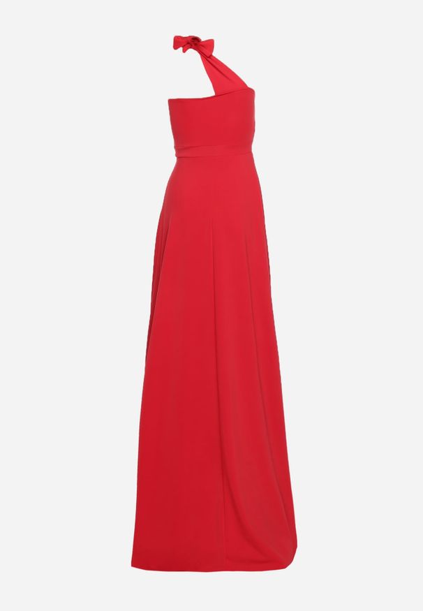 Renee - Czerwona Sukienka o Rozkloszowanym Kroju na Jedno Ramię z Głębokim Rozcięciem Efiela. Okazja: na wesele, na imprezę, na ślub cywilny. Kolor: czerwony. Materiał: skóra. Typ sukienki: rozkloszowane, asymetryczne, oversize. Styl: elegancki