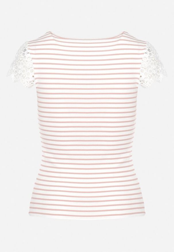 Born2be - Różowo-Biały Bawełniany T-shirt z Prążkowanej Dzianiny Ozdobiony Koronką Liasilo. Okazja: na co dzień. Kolor: różowy. Materiał: prążkowany, koronka, bawełna, dzianina. Wzór: koronka, aplikacja. Styl: casual, elegancki