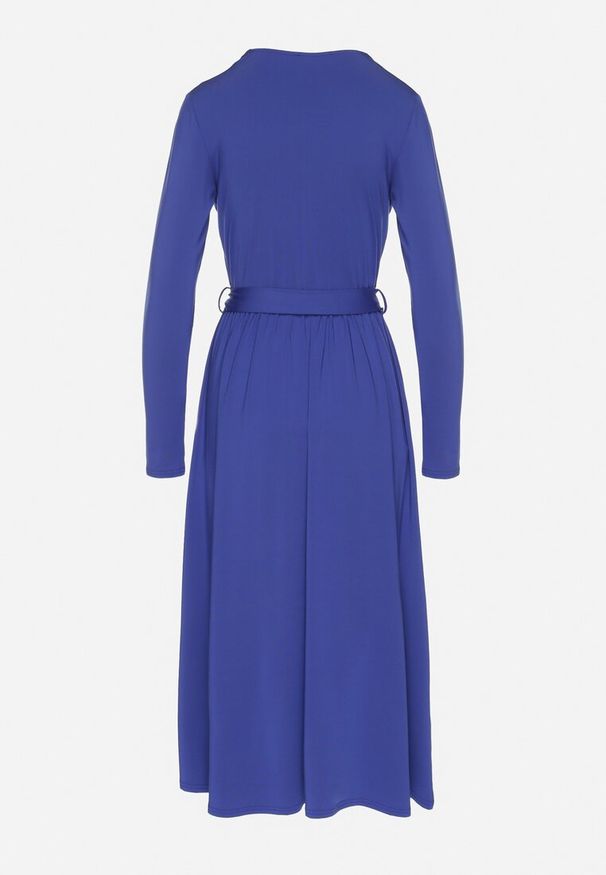 Born2be - Niebieska Sukienka Kopertowa z Wiskozą Wiązana w Talii Drestalia. Okazja: na co dzień. Typ kołnierza: dekolt w kształcie V. Kolor: niebieski. Materiał: wiskoza. Długość rękawa: długi rękaw. Typ sukienki: kopertowe. Styl: casual, klasyczny