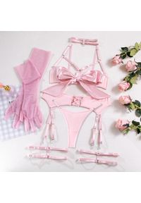 Intica - Komplet bielizny z kokardą na romantyczne wieczory Wikje. Kolor: różowy. Materiał: materiał, skóra