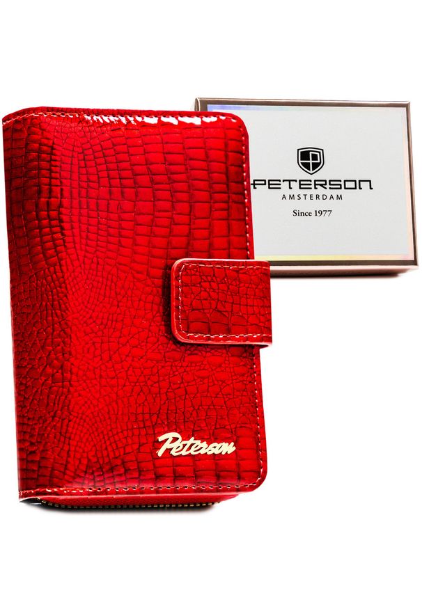 Duży, czerwony portfel damski ze skóry ekologicznej z tłoczeniem na wzór skóry krokodyla - Peterson. Kolor: czerwony. Materiał: skóra ekologiczna