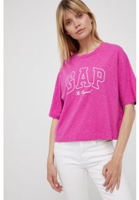 GAP t-shirt bawełniany kolor różowy. Kolor: różowy. Materiał: bawełna. Długość rękawa: krótki rękaw. Długość: krótkie. Wzór: nadruk #5