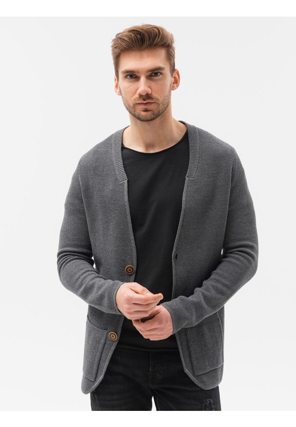 Ombre Clothing - Sweter męski bawełniany E193 - grafitowy/melanżowy - XXL. Kolor: szary. Materiał: bawełna. Wzór: melanż. Styl: elegancki