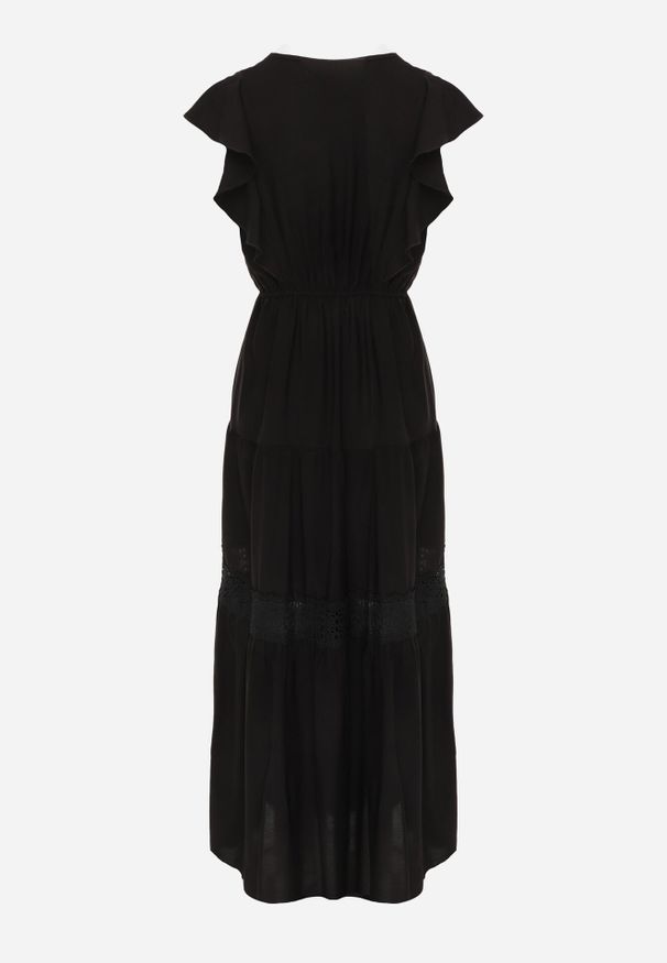 Born2be - Czarna Sukienka Cileis. Typ kołnierza: kołnierz z falbankami. Kolor: czarny. Materiał: wiskoza, koronka. Długość rękawa: krótki rękaw. Wzór: geometria. Długość: maxi