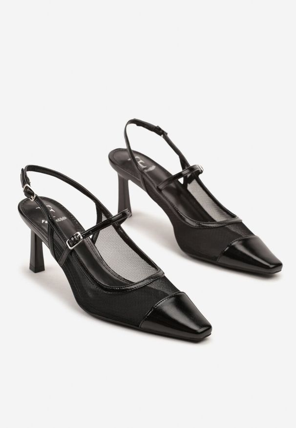 Renee - Czarne Sandały na Szpilce Slingback z Transparentną Cholewką Eviralli. Nosek buta: szpiczasty. Zapięcie: sprzączka. Kolor: czarny. Materiał: jeans. Obcas: na szpilce. Styl: elegancki, klasyczny, wizytowy. Wysokość obcasa: średni