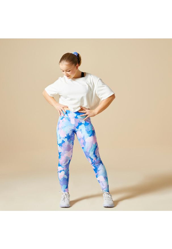 DOMYOS - Legginsy do gimnastyki dla dzieci Domyos. Stan: podwyższony. Kolor: niebieski. Materiał: materiał, poliester, elastan. Styl: elegancki