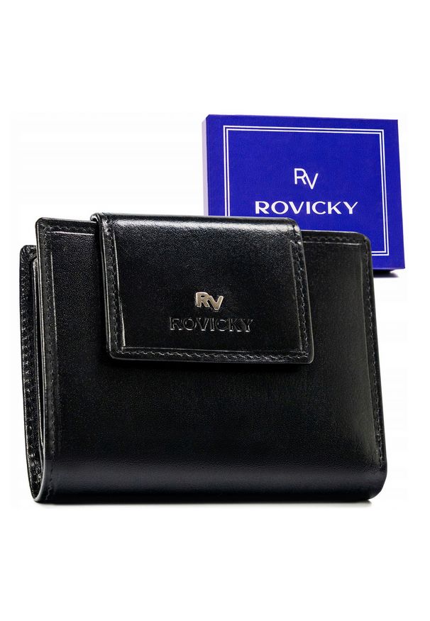 ROVICKY - Portfel skórzany Rovicky RV-70613-9-BCA czarny. Kolor: czarny. Materiał: skóra. Wzór: napisy, aplikacja, gładki