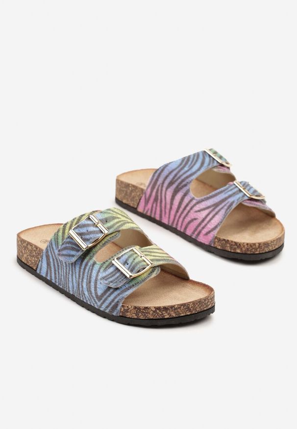 Renee - Niebiesko-Różowe Klapki na Podeszwie z Imitacji Korka Zdobione Sprzączkami Virlevia. Kolor: niebieski. Materiał: jeans. Wzór: aplikacja. Sezon: lato. Styl: boho