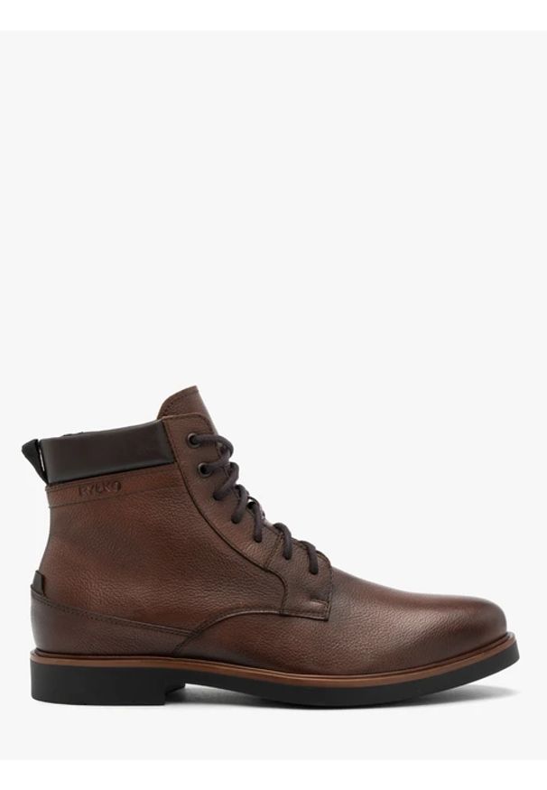 Ryłko - Brązowe ocieplane trzewiki. Okazja: na co dzień. Wysokość cholewki: przed kolano. Zapięcie: zamek. Kolor: brązowy. Materiał: skóra. Szerokość cholewki: normalna. Styl: klasyczny, casual, elegancki, street