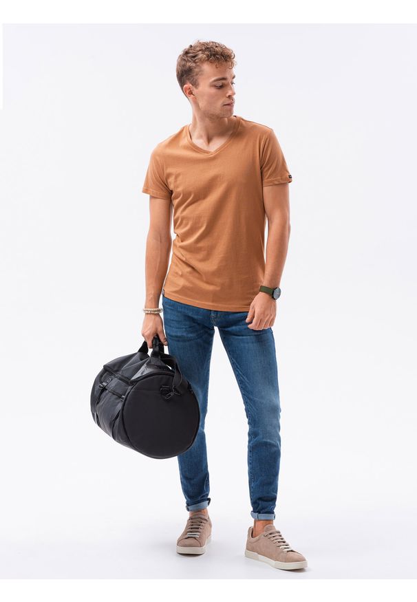 Ombre Clothing - T-shirt męski bawełniany BASIC S1369 - brązowy - XXL. Typ kołnierza: dekolt w serek. Kolor: brązowy. Materiał: bawełna. Długość: krótkie. Styl: klasyczny