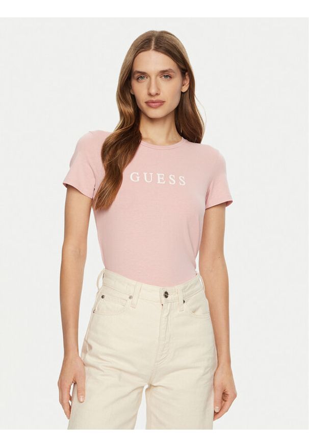 Guess T-Shirt O5RI01 KBBU1 Różowy Slim Fit. Kolor: różowy. Materiał: bawełna