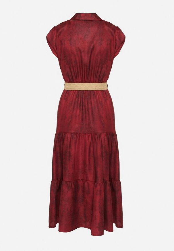 Born2be - Bordowa Sukienka Ozdobiona Plecionym Paskiem i Guzikami Filianea. Okazja: na co dzień. Kolor: czerwony. Materiał: jeans. Wzór: aplikacja. Styl: elegancki, casual