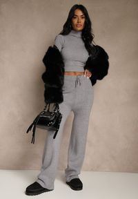 Renee - Szare Szerokie Spodnie z Wełną High Waist z Prążkowanego Materiału Reinna. Okazja: na co dzień. Stan: podwyższony. Kolor: szary. Materiał: prążkowany, wełna, materiał. Styl: casual #3