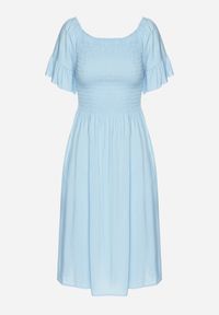 Born2be - Jasnoniebieska Rozkloszowana Sukienka Bawełniana z Bufiastymi Rękawami i Elastyczną Górą Veliova. Okazja: na co dzień. Kolor: niebieski. Materiał: bawełna. Styl: casual, elegancki #3