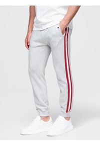 Ombre Clothing - Męskie spodnie dresowe z lampasami i ściągaczami na nogawkach – szary melanż V1 - Rozmiar: XXL. Kolor: szary. Materiał: dresówka. Wzór: melanż. Styl: retro, elegancki #1