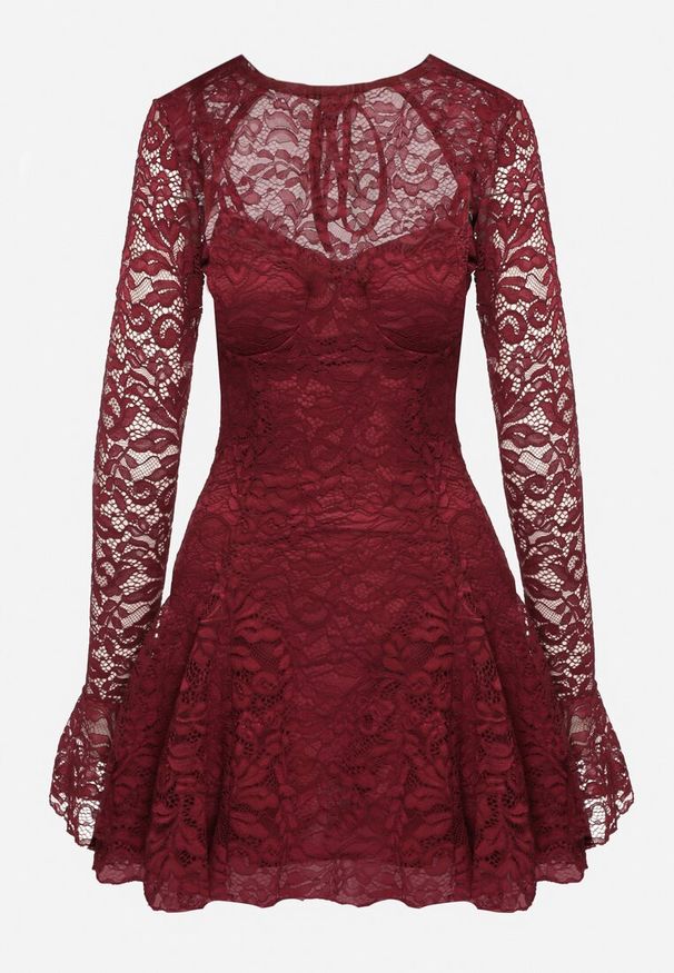 Born2be - Bordowa Rozkloszowana Sukienka Koktajlowa z Koronką i Bolerkiem Eyrfedi. Okazja: na wesele, na randkę, na ślub cywilny. Kolor: czerwony. Materiał: koronka. Długość rękawa: na ramiączkach. Wzór: koronka. Styl: wizytowy