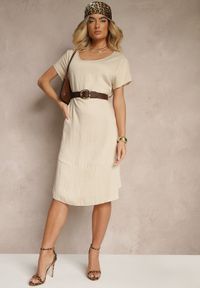 Renee - Beżowa Sukienka z Wiskozy o Rozkloszowanym Kroju Irisena. Okazja: na co dzień. Kolor: beżowy. Materiał: wiskoza. Typ sukienki: proste. Styl: elegancki, casual