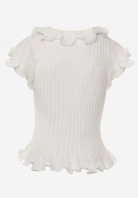 Born2be - Biała Prążkowana Bluzka z Wiskozą Ozdobiona Falbanami Delestra. Okazja: na co dzień, na spotkanie biznesowe. Kolor: biały. Materiał: prążkowany, wiskoza. Wzór: aplikacja. Styl: casual, biznesowy, elegancki #2