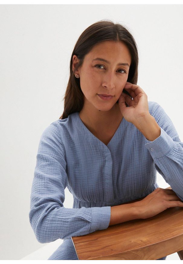 bonprix - Sukienka ciążowa i do karmienia z muślinu. Kolekcja: moda ciążowa. Kolor: niebieski