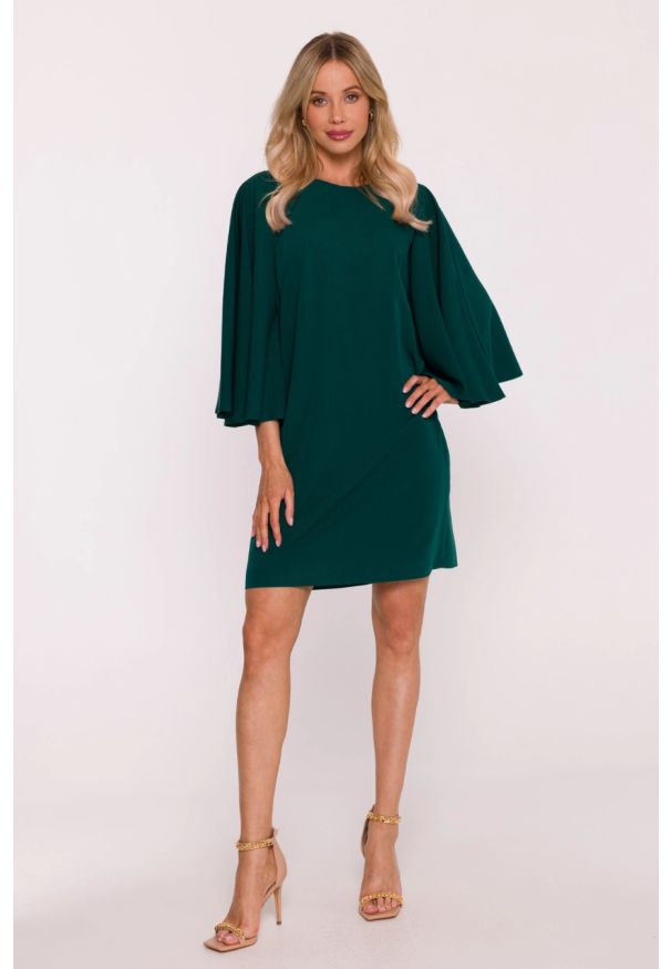 Stylove - Elegancka sukienka trapezowa z bufiastymi rękawami zielona. Kolor: czarny, zielony, beżowy. Typ sukienki: trapezowe. Styl: elegancki