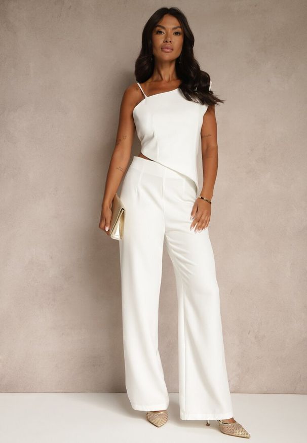 Renee - Biały Komplet z Wiskozą Spodnie o Szerokim Kroju i Asymetryczna Bluzka Dolessea. Kolor: biały. Materiał: wiskoza