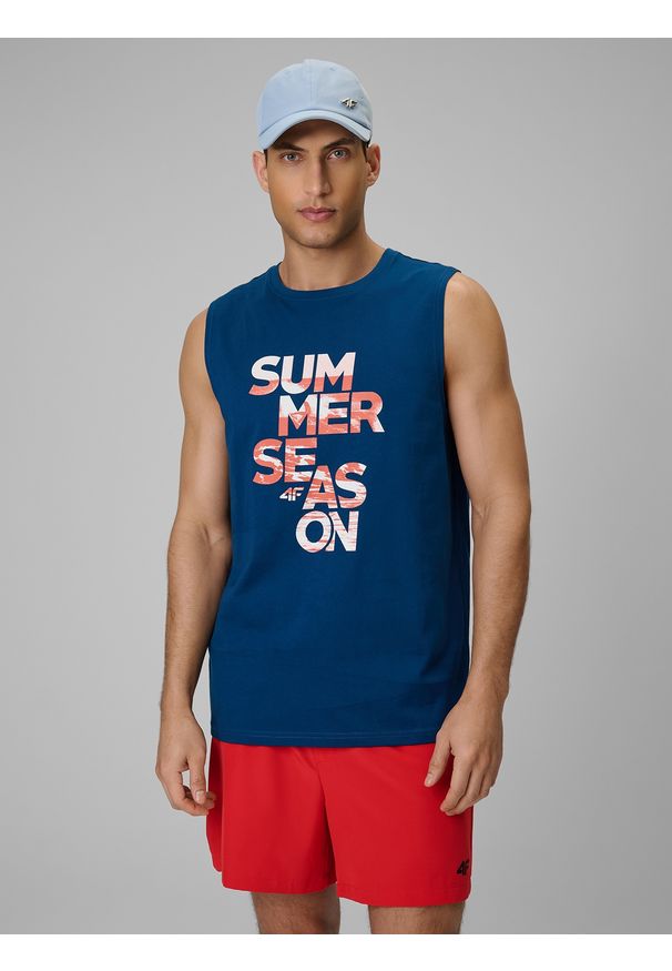 4f - 4F Koszulka bez rękawów regular z nadrukiem męska - turkusowa M. Kolor: turkusowy. Materiał: dzianina, bawełna. Długość rękawa: bez rękawów. Wzór: nadruk. Sezon: lato