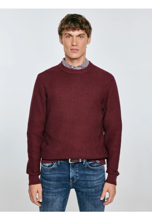 Big-Star - Sweter męski bawełniany bordowy Carlo 604. Okazja: na co dzień. Kolor: czerwony. Materiał: bawełna. Wzór: ze splotem. Styl: elegancki, klasyczny, casual