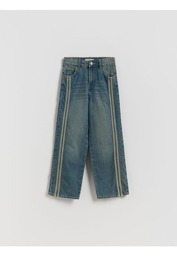 Reserved - Jeansy straight z lampasami - granatowy. Kolor: niebieski