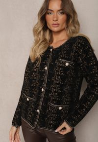 Renee - Czarno-Złoty Dzianinowy Kardigan z Perłowymi Guzikami i Błyszczącą Nitką Dailira. Kolor: czarny. Materiał: dzianina. Sezon: zima