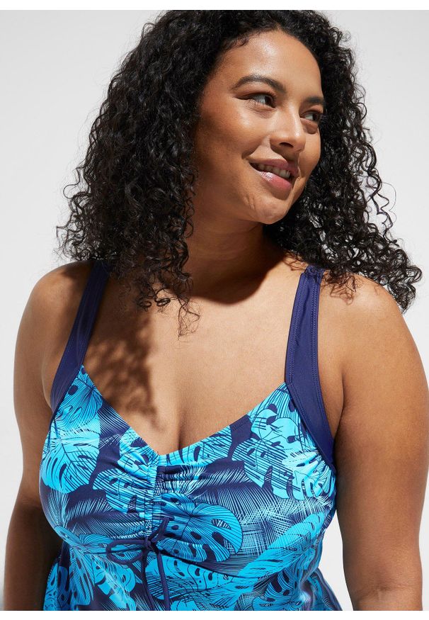bonprix - Tankini (2 części) z marszczeniem. Kolor: niebieski. Długość rękawa: na ramiączkach. Wzór: nadruk