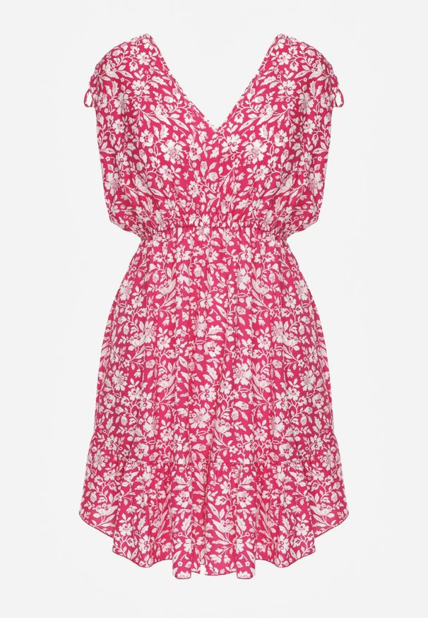 Renee - Fuksjowa Sukienka Bawełniana na Grubych Ramiączkach z Gumką w Pasie Zapinana na Guziki Tessri. Okazja: na co dzień, na randkę. Kolor: różowy. Materiał: bawełna. Długość rękawa: na ramiączkach. Wzór: kwiaty. Sezon: lato. Typ sukienki: proste. Styl: casual, elegancki, wakacyjny