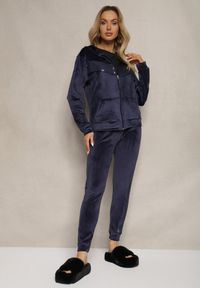 Renee - Granatowy Komplet Dresowy 2-Częściowy Bluza z Kapturem i Cekinami i Spodnie na Gumce Colan. Kolor: niebieski. Materiał: dresówka