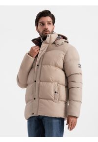 Ombre Clothing - Męska kurtka puffer z podszewką w kratę – beżowa V2 - Rozmiar: XL. Kolor: beżowy. Materiał: guma, poliester, materiał, bawełna, syntetyk, nylon. Długość: długie. Wzór: aplikacja #9
