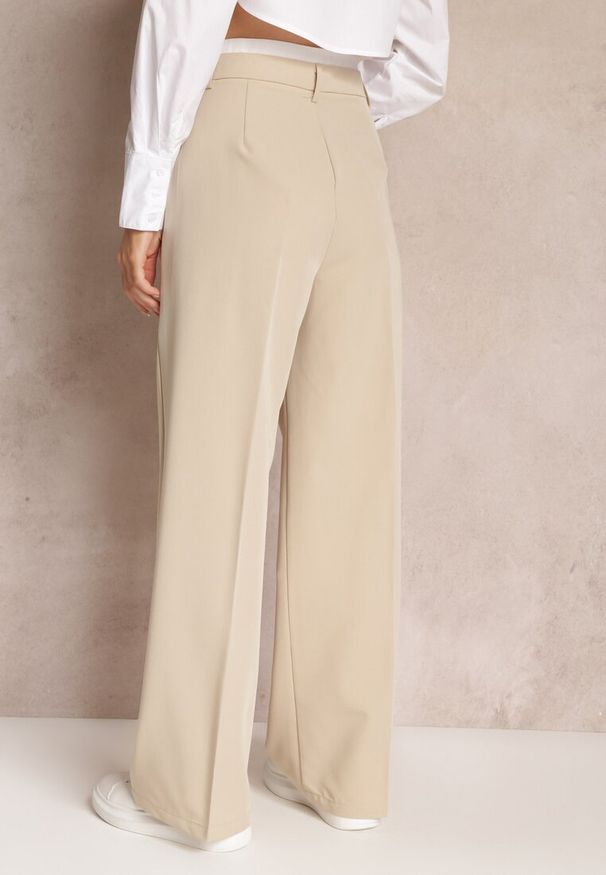 Renee - Beżowe Spodnie z Szerokimi Nogawkami w Kant Kavina. Kolor: beżowy. Styl: elegancki