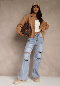 Renee - Niebieskie Jeansy High Waist Wide Leg z Ozdobnymi Przetarciami i Dziurami Elintyse. Stan: podwyższony. Kolor: niebieski. Styl: klasyczny #1