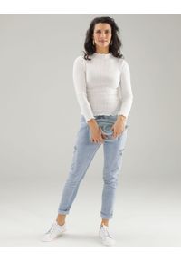 Unisono - GŁADKIE SPODNIE Z ŁĄCZONYCH MATERIAŁÓW 264-50068 JEANS. Materiał: jeans, materiał. Wzór: gładki