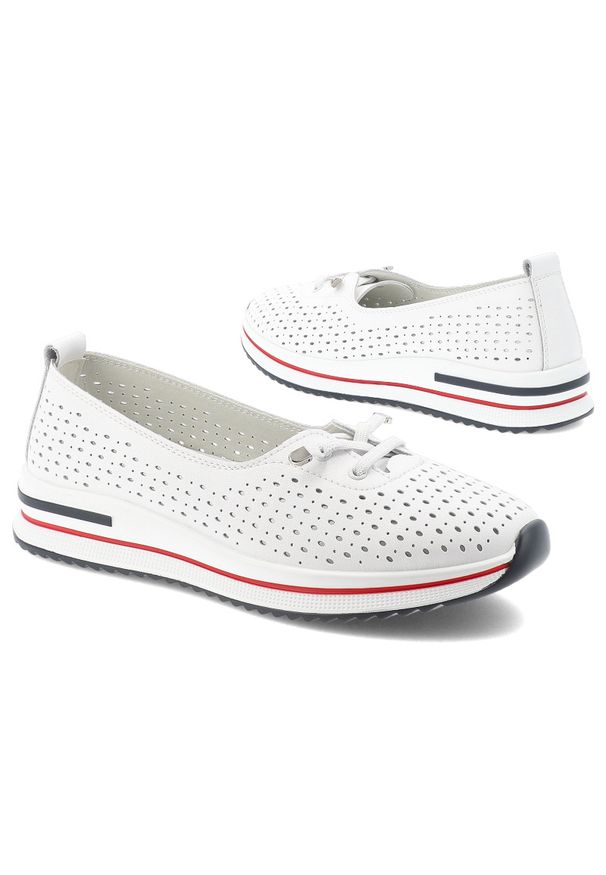 Półbuty damskie S.Barski, cholewka ze skóry naturalnej gładkiej z perforacją wsuwany fason dekoracyjna kokardka zaokrąglony nosek kontrastowe wstawki. Okazja: na co dzień. Zapięcie: sznurówki. Kolor: biały. Materiał: skóra. Szerokość cholewki: normalna. Wzór: gładki. Styl: elegancki, casual, klasyczny, sportowy