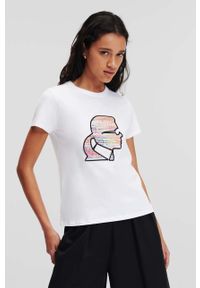Karl Lagerfeld t-shirt bawełniany kolor biały. Kolor: biały. Materiał: bawełna. Długość rękawa: krótki rękaw. Długość: krótkie. Wzór: aplikacja. Styl: klasyczny #1