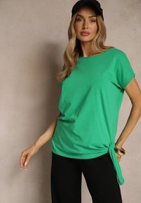 Renee - Zielony T-shirt z Bawełny z Ozdobnym Wiązaniem Termio. Okazja: do pracy, na spotkanie biznesowe. Kolor: zielony. Materiał: bawełna. Styl: klasyczny, biznesowy #5