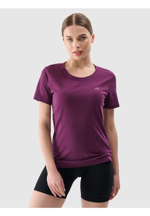 4f - 4F T-shirt regular gładki damski - fioletowy S. Okazja: na co dzień. Kolor: fioletowy. Materiał: dzianina, bawełna, jersey. Długość rękawa: krótki rękaw. Długość: krótkie. Wzór: gładki. Sezon: lato. Styl: klasyczny, sportowy, casual