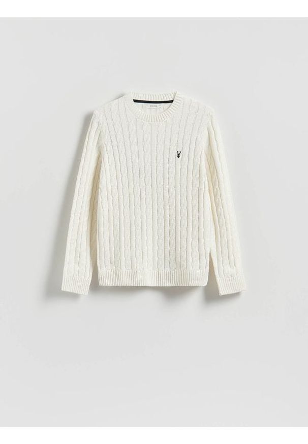 Reserved - Sweter z warkoczowym splotem - złamana biel. Materiał: dzianina, bawełna. Wzór: ze splotem