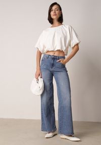 Born2be - Niebieskie Szerokie Jeansy z Wysokim Stanem i Błyszczącymi Aplikacjami Glysera. Stan: podwyższony. Kolor: niebieski. Wzór: aplikacja. Styl: elegancki, klasyczny #4