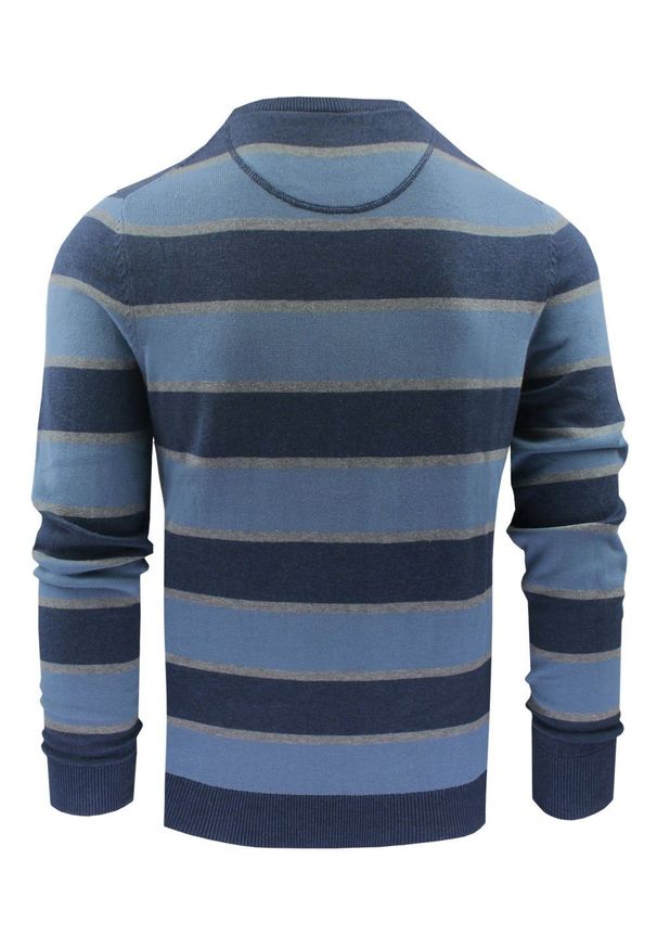 Bawełniany Sweter Męski, Okrągły Dekolt - Pako Jeans - Niebieski i Granat, Pasy. Kolor: niebieski. Materiał: bawełna. Styl: elegancki, klasyczny